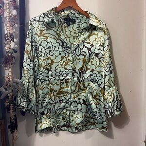 Floral Button-Up Blouse - Green and Brown